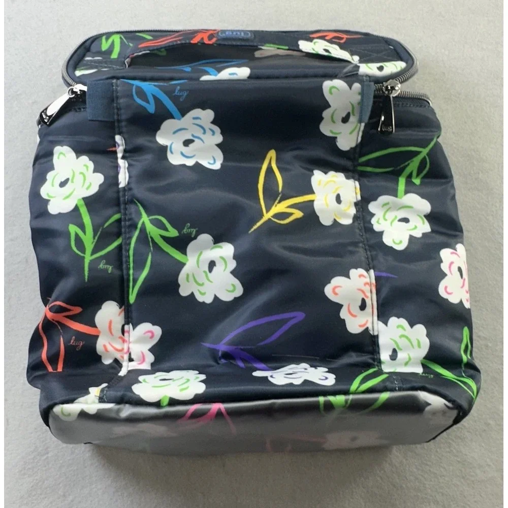 Lug Dolly Tall Cosmetic Case Blue Floral Travel Storage Lined Pocket